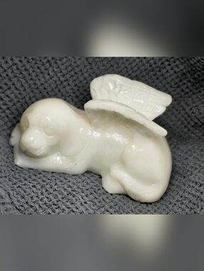 White Jade Angel Dog Carving Memorial Guardian Puppy with Wings Crystal Figurine